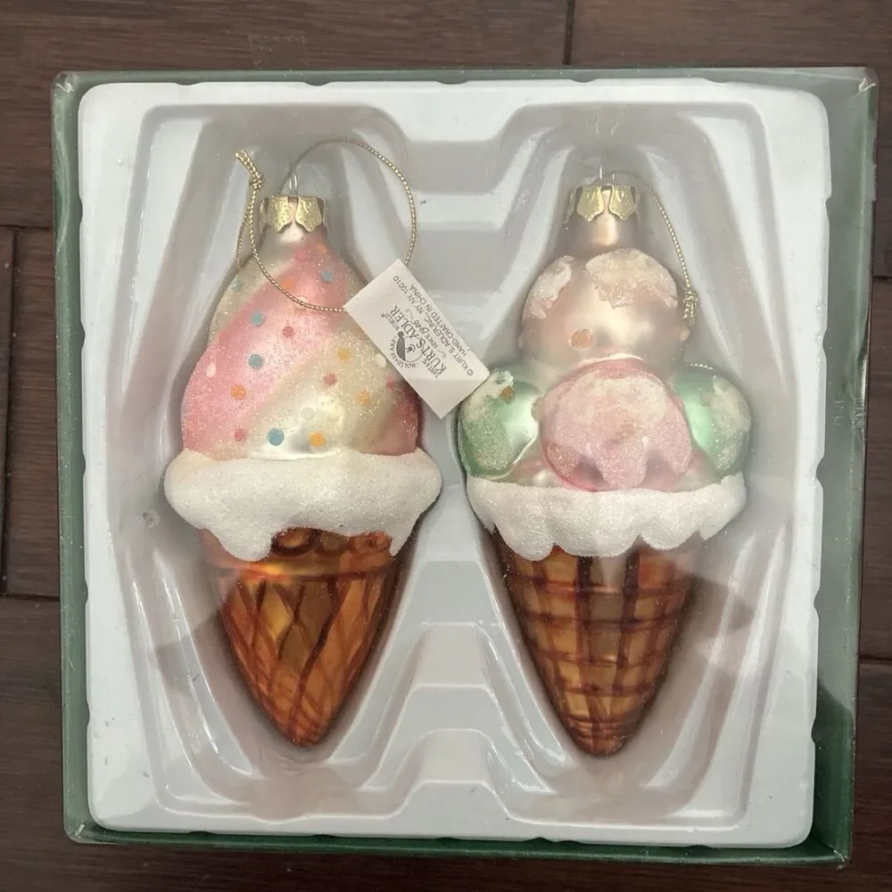 Kurt Adler Holiday Christmas Ornament Set Handcrafted Art Glass Ice Cream Cone